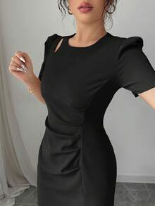 Elenzga Solid Color Round Neck Hollow Out High Slit Short Sleeve Dress - Black - View 4
