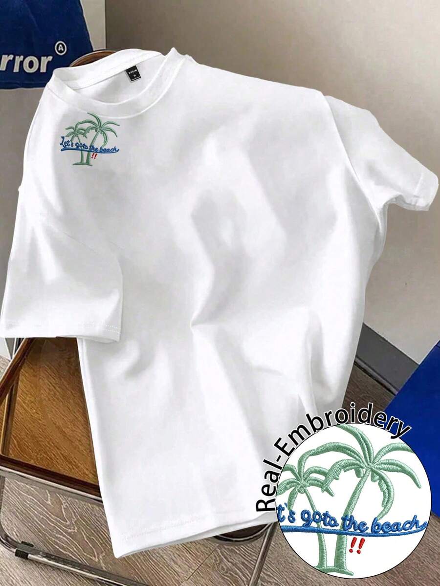 Manfinity Joysei Men's Casual Vacation Palm Tree Embroidered T-Shirt, Suitable For Summer Outings, Friend's Gift - White - View 1