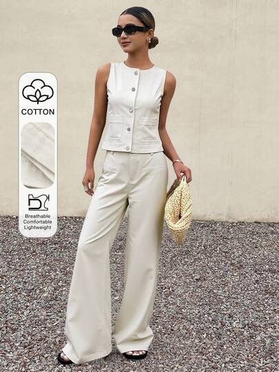 DAZY Conjunto de top de manga corta de cuello redondo casual y pantalones vaqueros para mujer