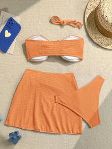 Soleia Bộ bikini quây 3 món bằng vải dệt họa tiết kèm váy ngắn. - trái cam - Xem 2