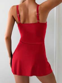 Swim Basics Women's Solid Color Side Knot One-Piece Swimsuit, Fashionable For Vacation - Red - View 2