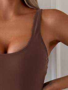 Swim Basics 女士纯色连体泳衣，适合度假和海滩穿着 - 咖啡棕 - 查看 4