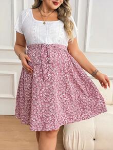 Plussiva Maternity Plus Size Casual Ditsy Floral Patchwork Dress - Pink - View 3