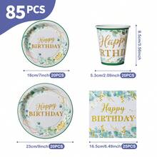 Leaves & Gold Rim Happy Birthday Disposable Plates, Napkins And Cups Set, Serves 20 Guests. This Disposable Party Set (Including Plates, Napkins And Cups) Is Perfect For Birthday Parties, Weddings And Family Picnics. - View 2