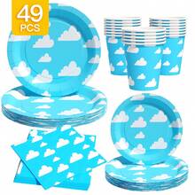 Bộ đĩa, khăn ăn và cốc dùng một lần màu xanh mây, phục vụ 8 người. Bộ đồ dùng tiệc dùng một lần này (bao gồm đĩa, khăn ăn và cốc) rất phù hợp cho các bữa tiệc sinh nhật, đám cưới và dã ngoại gia đình. - Xem 1