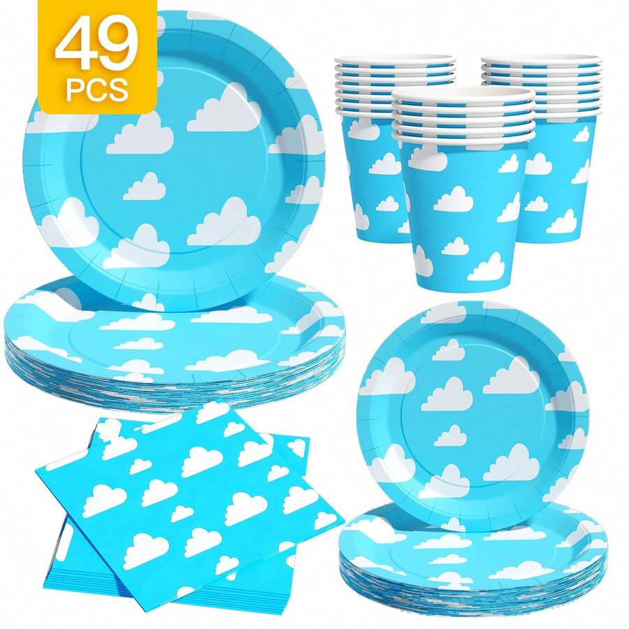 Bộ đĩa, khăn ăn và cốc dùng một lần màu xanh mây, phục vụ 8 người. Bộ đồ dùng tiệc dùng một lần này (bao gồm đĩa, khăn ăn và cốc) rất phù hợp cho các bữa tiệc sinh nhật, đám cưới và dã ngoại gia đình. - Xem 1