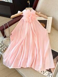 Franclia Women's Halter Neck Tie Vest, Elegant Vest, Three-Dimensional Floral Vest, Glossy Vest, Flowy Organza Vest, Versatile And Fashionable Vest, Sexy And Alluring Backless Vest, Romantic Spring And Summer Vacation Vest, Summer Outfit Vest - Pink - View 3