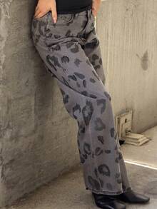 Kuleshova Women's Fashion Leopard Print Belted Casual Rhinestone Embellished Jeans - Dark Grey - View 4