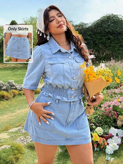 Breezaya Plus Size Women Pocketed Button Casual Versatile Daily Wear Denim Mini Skirt