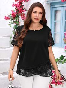 Miaspire Femmes grande taille Col rond Manches courtes Ourlet asymétrique Blouse ample Tenues d'été pour femmes Vacances tropicales Vêtements pour femmes Robes modestes pour femmes Volants de plage Mousseline de soie pastel - Noir - Voir 1