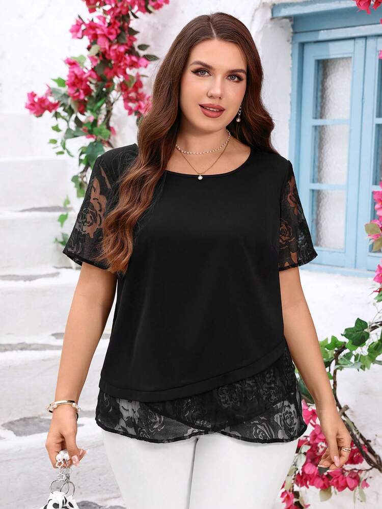Plus Size Women Crew Neck Short Sleeve Asymmetric Hem Loose Blouse Summer Outfits For Women Tropical Vacation Woman Clothes Modest Dresses For Women Beach Ruffle Pastel Chiffon