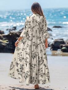Sylviya Women's Watercolor Floral V-Neck Ruched Long Sleeve Dress, Suitable For Spring/Summer Summer Dresses For Women Autumn Boho Chic Dress - Beige - View 2