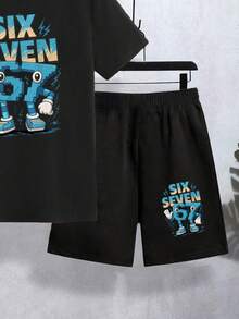 2pcs/Set Tween Boy Black Summer Casual City Break Fashionable Numeric 67,Slogan Graphic Print Short T-Shirt And Shorts Suit,Comfortable Daily Wear - Black - View 7
