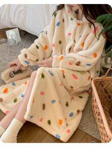 Women's Comfortable Coral Fleece Hooded Robe - Cute Cartoon Print, Long Sleeve With Pockets, Machine Washable Bathroom Decor - Multicolor - View 9