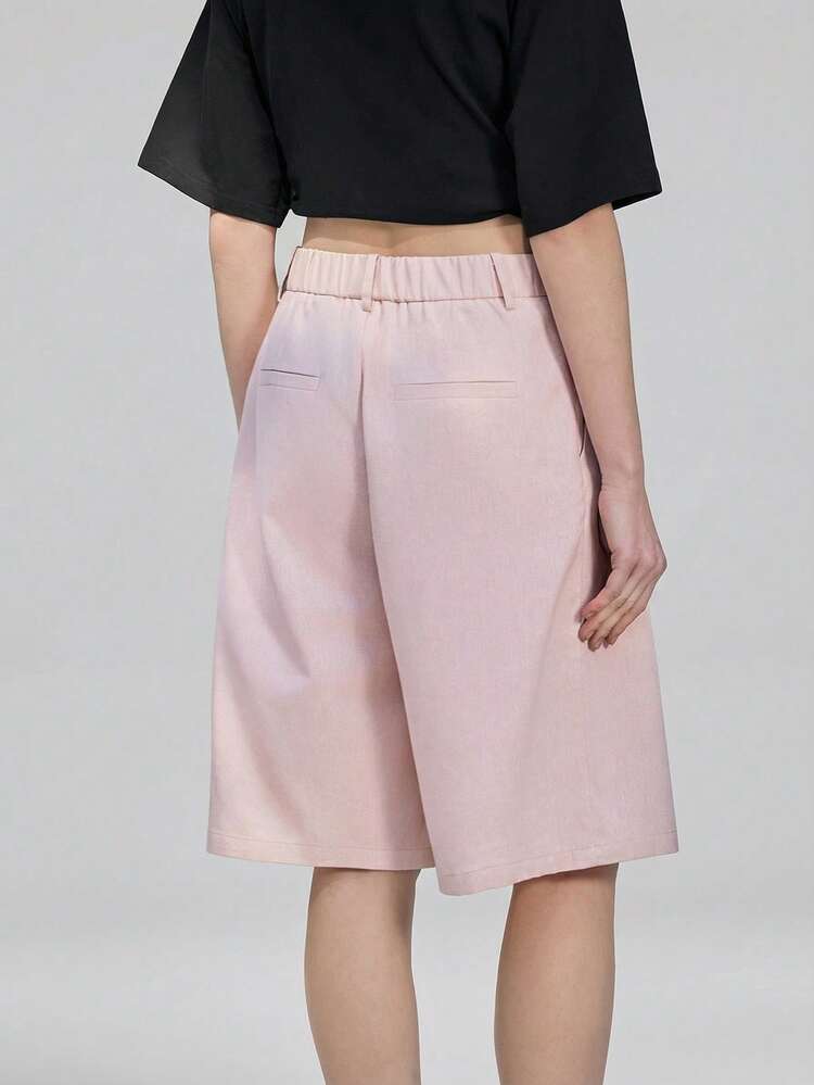 Women's Linen-Blend Light Pink Summer Casual Vacation Shorts,Fitted Waist Pleated Front Elastic Waistband Design,Modern Urban Business Office Wear