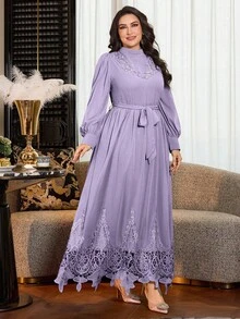 Modelyn 大码纯色长袖雪纺双层荷叶边下摆优雅浪漫连衣裙 - 淡紫色 - 查看 7