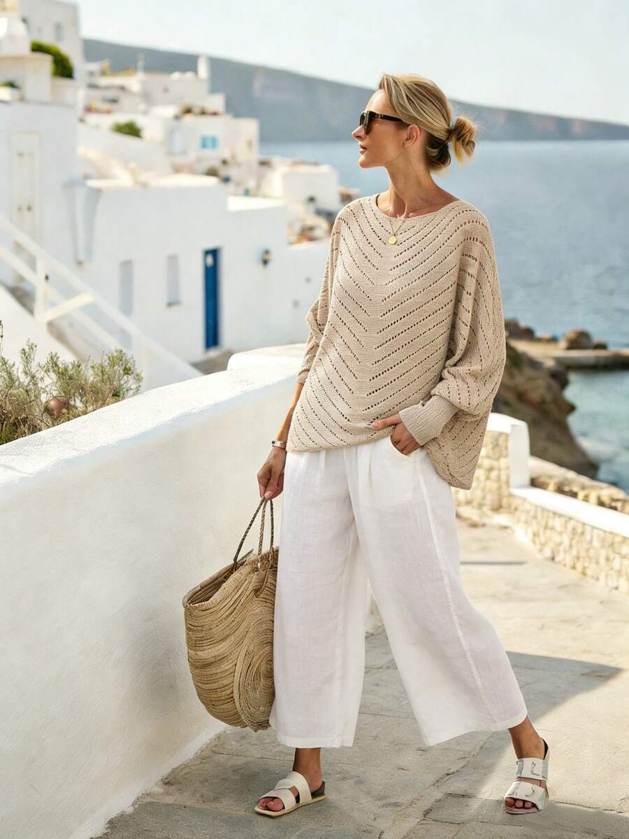 Isle Nomé Women's Loose Casual Perforated Texture Solid Color Batwing Sleeve Design Solid Color Long Sleeve Sweater, Spring/Summer - Camel - View 1