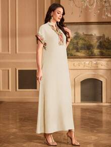 Al Najma Embroidered Collar Floral Raglan Sleeve Mandarin Collar Elegant Dress - Beige - View 4