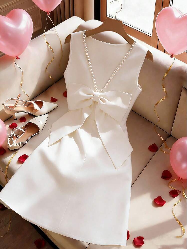GlowEve Vestido sin mangas con lazo decorativo con cuentas y espalda descubierta para mujer en color rojo - Blanco - Añade 3