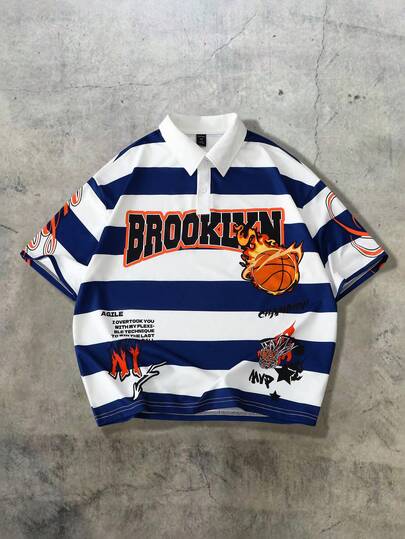 ROMWE MEN Men's Summer Short Sleeve T-Shirt, Brooklyn Basketball Style Polo Shirt, Suitable For Casual, College Daily Wear