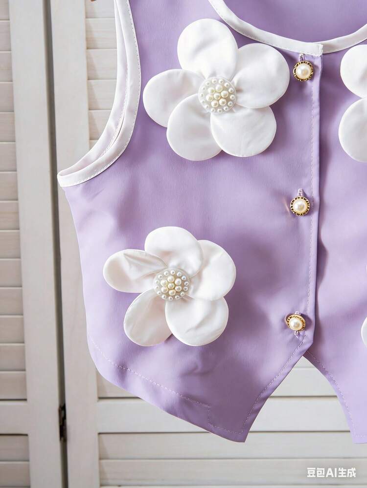 Tween Girls' Floral Decor Top And Solid Color Pants Set, Summer - Purple - View 6