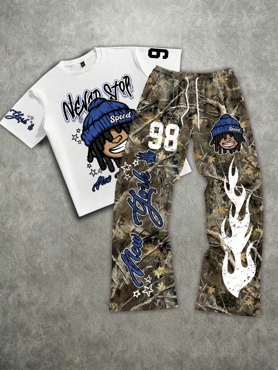 Manfinity ZONE917 Plus Size Loose Camouflage Cartoon Portrait 98 Smiling Face T-Shirt And All-Over Print Pants Set - Multicolor - View 1