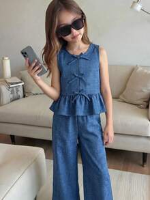 SHEIN 两件套女童格子圆领修身休闲上衣和宽松休闲裤 - 藍色 - 查看 3