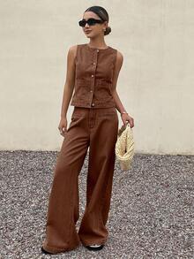 DAZY 棕色圆领短袖上衣搭配休闲牛仔裤，女士套装，夏季度假装 - 棕色 - 查看 8