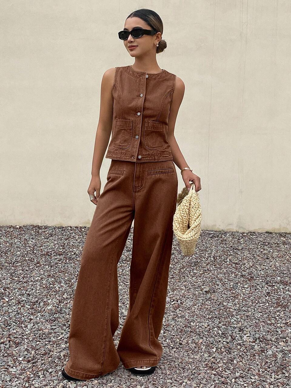 Brown Round Neck Short Sleeve Top And Casual Denim Pants Women's Suit, Summer Holiday Outfit
