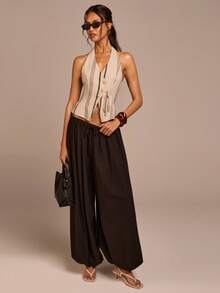 COSMINA Women's Elegant Asymmetric Striped Sleeveless Blouse, Versatile For Commuting, Office, And Casual Wear, Early Spring - Khaki - View 3