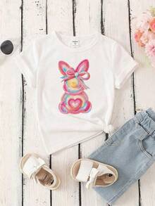 SHEIN Camiseta de uso diario versátil y casual con cuello redondo y estampado de dibujos animados - Blanco - Ver 4