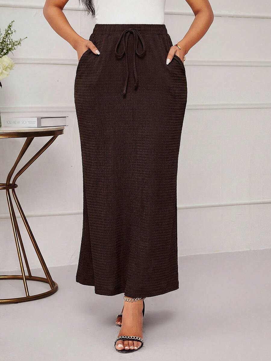 SHEIN Lady 女士纯色腰带口袋休闲长裙 - 咖啡棕 - 查看 1