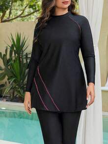 Swim Mulvari Burkini de manga larga y longitud media de unicolor con decoración bordada para mujer de talla grande - Negro - Ver 4