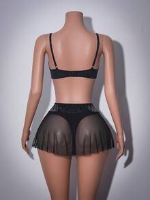 AltCore Women's Sexy Punk Style Patent Leather Fishnet Hollow Out Lingerie Set With A-Line Skirt, 3-Piece - Black - View 2