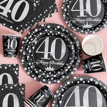 Bộ đồ dùng tiệc sinh nhật lần thứ 40 nền đen lấp lánh, gồm đĩa, khăn ăn và cốc, phục vụ 20 khách. Bộ đồ dùng tiệc dùng một lần này (bao gồm đĩa, khăn ăn và cốc) rất phù hợp cho các bữa tiệc sinh nhật, đám cưới và dã ngoại gia đình. - Xem 3