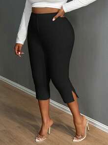 SHEIN SXY Solid Split Cropped Leggings, Casual Elastic Waist Every Day Stretchy Leggings, Women's Plus Clothing - Black - View 1