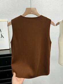 GlowEve CURVE 2026 Plus Size Women's Fashion Casual Simple Versatile V-Neck Brown Sweater Vest, Suitable For Everyday Wear. - Brown - View 2