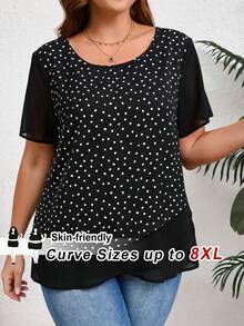 SHEIN CURVE+ قميص كاجوال بأكمام قصيرة وياقة مستديرة للنساء ذوات الأحجام الكبيرة مطبوع بنقاط بوهيمي لموسم الربيع، مناسب لحفلات الموسيقى والعطلات الساحلية، المقاس الأمريكي 22 - الأسود - مشاهدة 8
