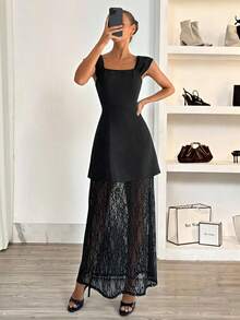 Siren Gaze Square Neck/Off-The-Shoulder Style Black Lace-Trimmed Long Dress For Women, Perfect For Summer. Elegant High-Waisted Dress, New Summer Design, Sophisticated And Stylish, Sheer Mesh Lace Trim, Perfect For Banquets Sexy Elegant Dress Black Lace Dress Black See Through Dress Lace Insert Dress 2 In 1 Dress - Black - View 4