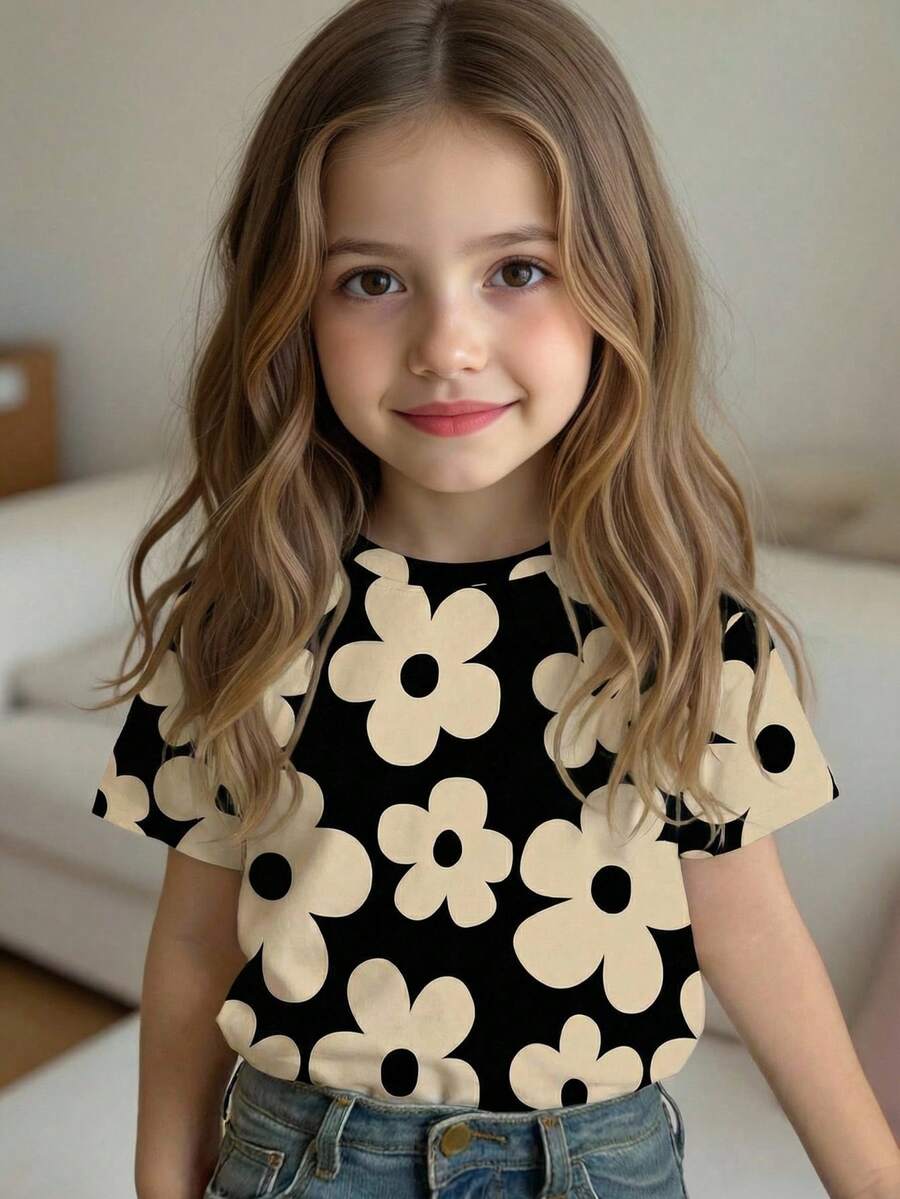 Baby Girls' Casual Sweet Floral Print Short Sleeve Round Neck T-Shirt, Suitable For Outings, Spring/Summer - Multicolor - View 1