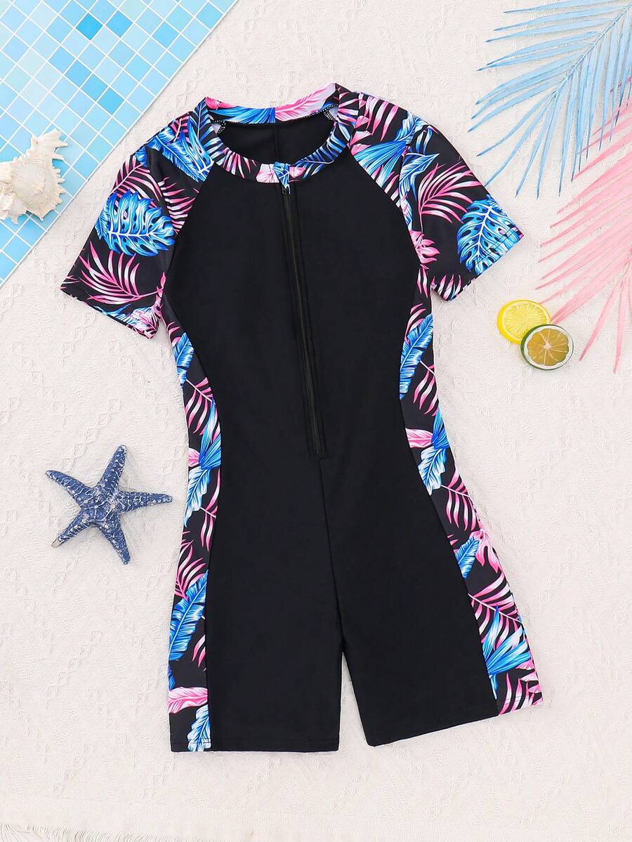 SHEIN 少女休闲度假泳装夏季沙滩黑色拼接豹纹拉链连体泳衣，夏季沙滩 - 黑色 - 查看 1