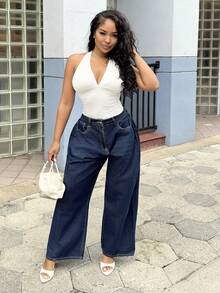 Alexandranx Women's Casual Fashion Street Chic Daily Commute Simple Versatile Loose Fit Wide Leg Jeans Y2k - Navy Blue - View 5