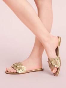 CUCCOO DOLLMOD Sandalias planas cómodas con flor dorada para mujer, sandalias planas de estilo dulce con flor - Dorado - Ver 3