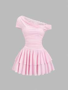 Sweetra Sweet And Girly Pink Dress With Unique Pure And Alluring Lace Trim, Asymmetric Neck Design, Cinched Waist, Layered Pleats, And A French-Style Elegant Hem. Perfect For Spring And Summer. - Pink - View 2