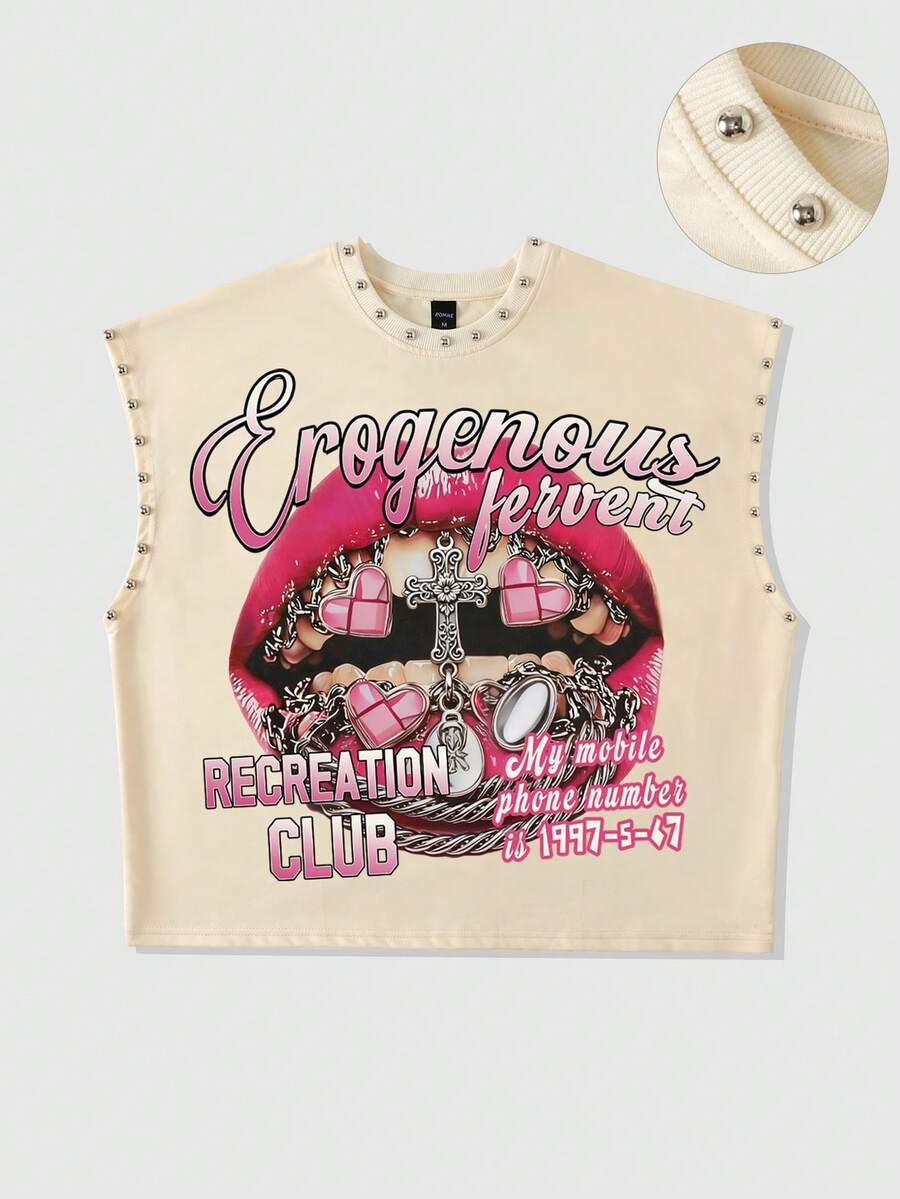 ROMWE MEN Street Life Camiseta de tirantes holgada con estampado de labios y letras, decoración de remaches, estilo casual y de moda para el uso diario en verano - Albaricoque - Ver 1