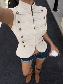 Muchica 浅卡其色修身拉链背心（女士款） - 卡其色 - 查看 3