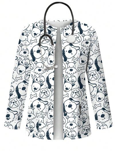 PopScrub 极简线条艺术狗狗卡通印花护士服外套，春夏时尚开衫，带垂耳设计，适合女性护士制服上衣、制服外套，爱狗人士的理想之选。