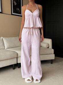 Livesso 2pcs/Set Women's Casual Sleeveless V-Neck Ruffle Camisole Top And Plaid Pants, Suitable For Easter Party, Summer Holiday - Pink - View 3