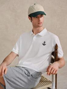 Courvante 男士夏季錨圖案印花短袖休閒/通勤領領圖案 Polo 衫，白色，適合工作與爸爸穿著，高爾夫、網球 - 白色 - 查看 8