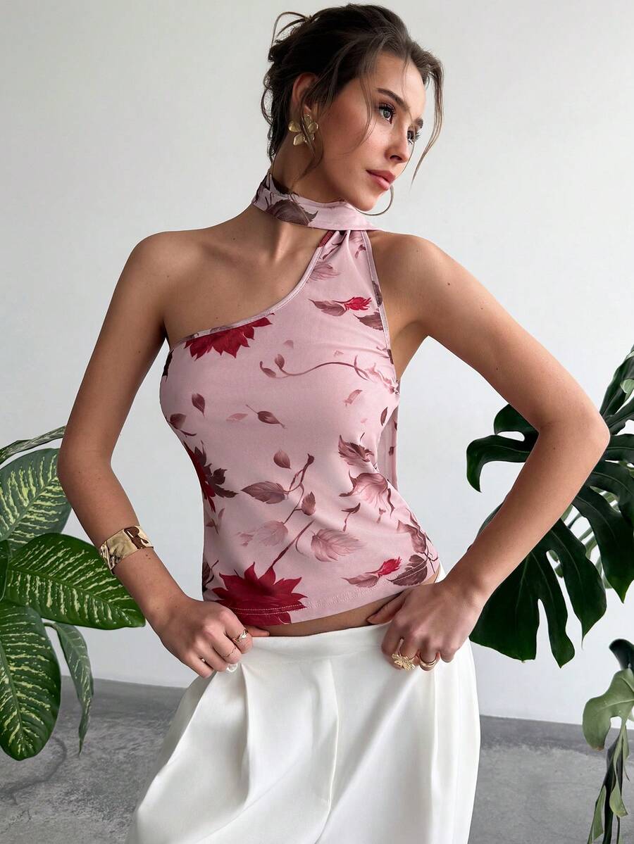RiviMae Women's Floral Print Halter Neck Sleeveless Top With Ribbons - Dusty Pink - View 1